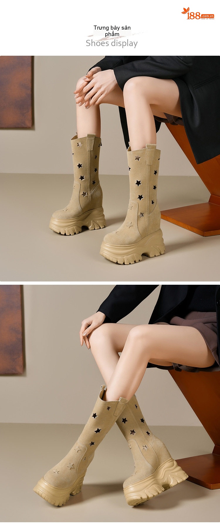Boot Nữ Cổ Lửng Da Mờ Khoét Sao Chiều Cao Đế Khoảng 7cm Màu Be, Đen chi tiết 2