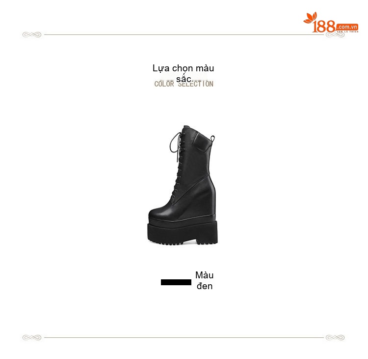 Boot Nữ Cổ Lửng Da Thật Đế Xuồng Dây Buộc Chiều Cao Đế Khoảng 16cm Màu Đen chi tiết 2