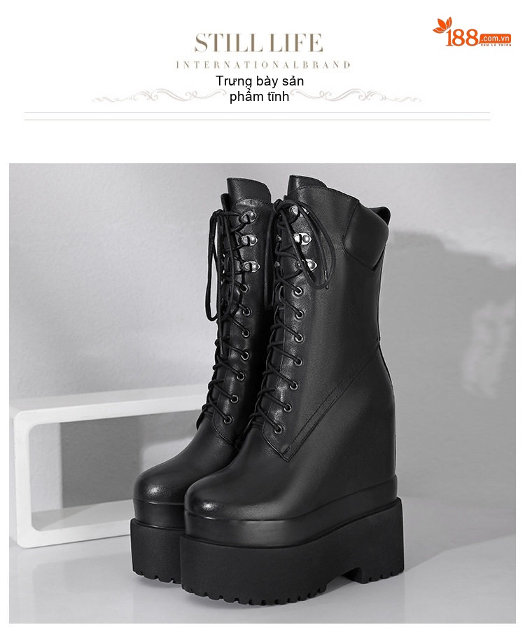 Boot Nữ Cổ Lửng Da Thật Đế Xuồng Dây Buộc Chiều Cao Đế Khoảng 16cm Màu Đen chi tiết 8