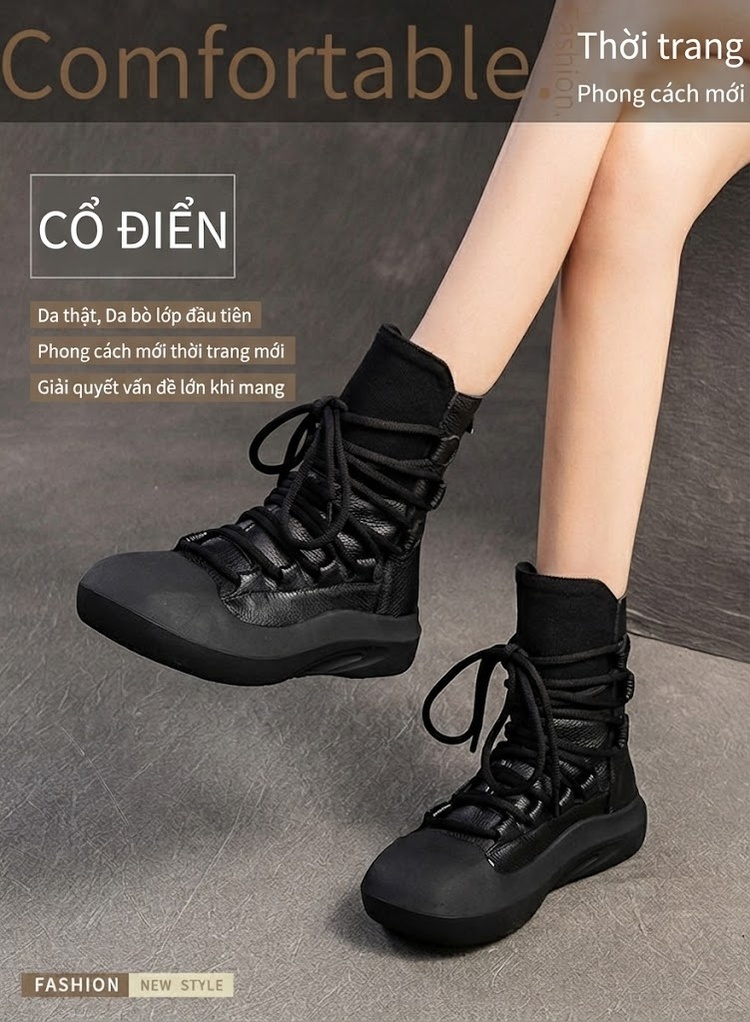Boot Nữ Cổ Lửng Dây Buộc Đế Dày Phong Cách Retro Chiều Cao Đế Khoảng 4cm Màu Đen, Nâu chi tiết 2