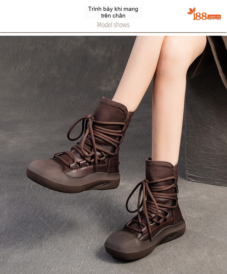 Boot Nữ Cổ Lửng Dây Buộc Đế Dày Phong Cách Retro Chiều Cao Đế Khoảng 4cm Màu Đen, Nâu chi tiết 9