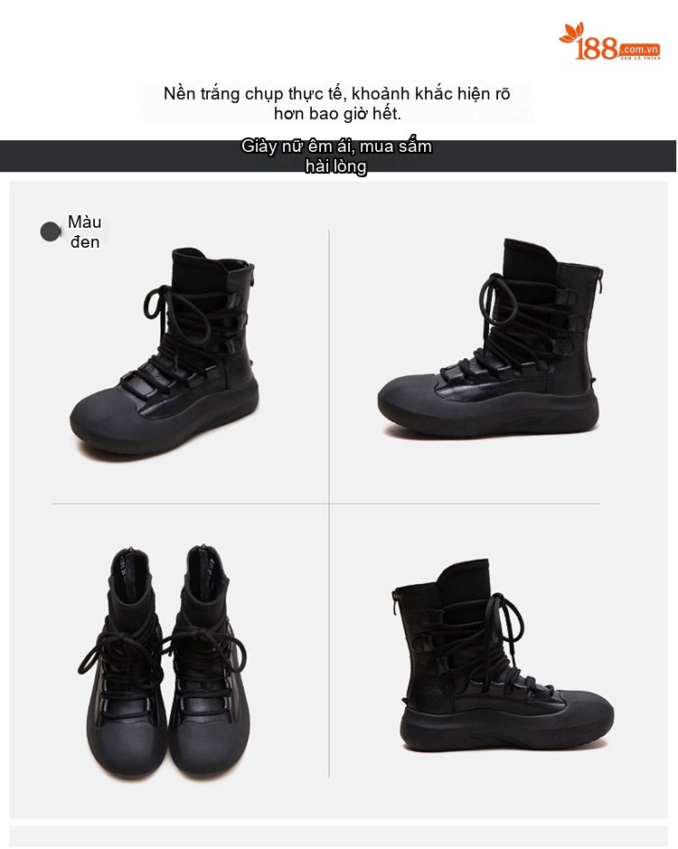 Boot Nữ Cổ Lửng Dây Buộc Đế Dày Phong Cách Retro Chiều Cao Đế Khoảng 4cm Màu Đen, Nâu chi tiết 18