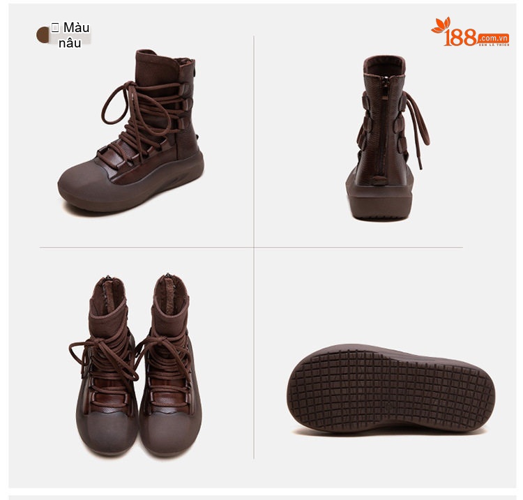 Boot Nữ Cổ Lửng Dây Buộc Đế Dày Phong Cách Retro Chiều Cao Đế Khoảng 4cm Màu Đen, Nâu chi tiết 19