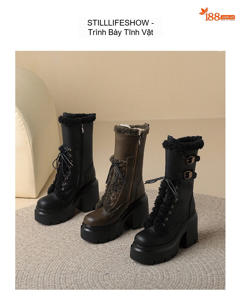 Boot Nữ Cổ Lửng Đế Cao 12cm Lót Lông Dày Dặn Kiểu Dáng Chiến Binh Màu Đen, Nâu chi tiết 4