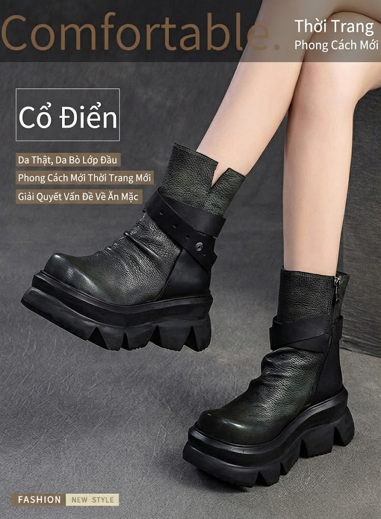 Boot Nữ Cổ Lửng Đế Dày Phong Cách Retro Chiều Cao Đế Khoảng 6cm Màu Đen chi tiết 1