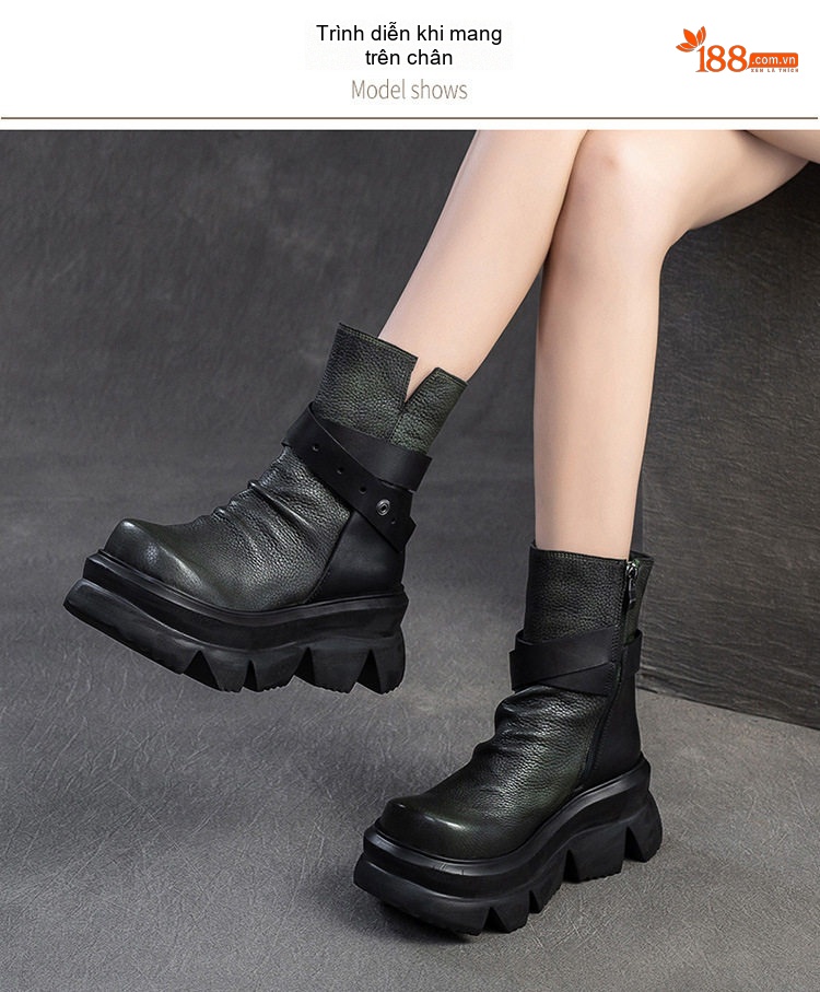 Boot Nữ Cổ Lửng Đế Dày Phong Cách Retro Chiều Cao Đế Khoảng 6cm Màu Đen chi tiết 8