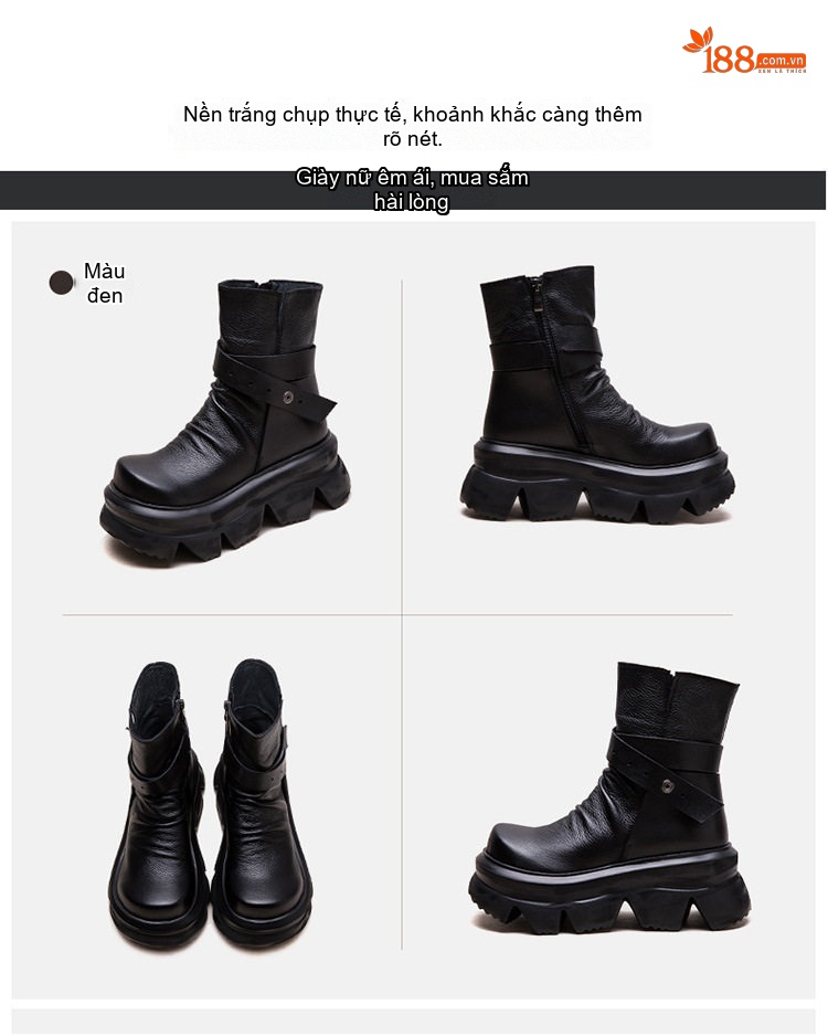 Boot Nữ Cổ Lửng Đế Dày Phong Cách Retro Chiều Cao Đế Khoảng 6cm Màu Đen chi tiết 17