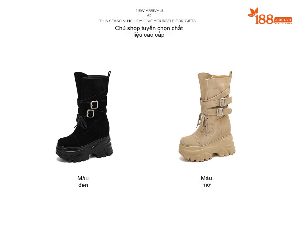 Boot Nữ Cổ Lửng Khóa Cài Dây Buộc Da Mờ Chiều Cao Đế Khoảng 6cm Màu Be, Đen chi tiết 2