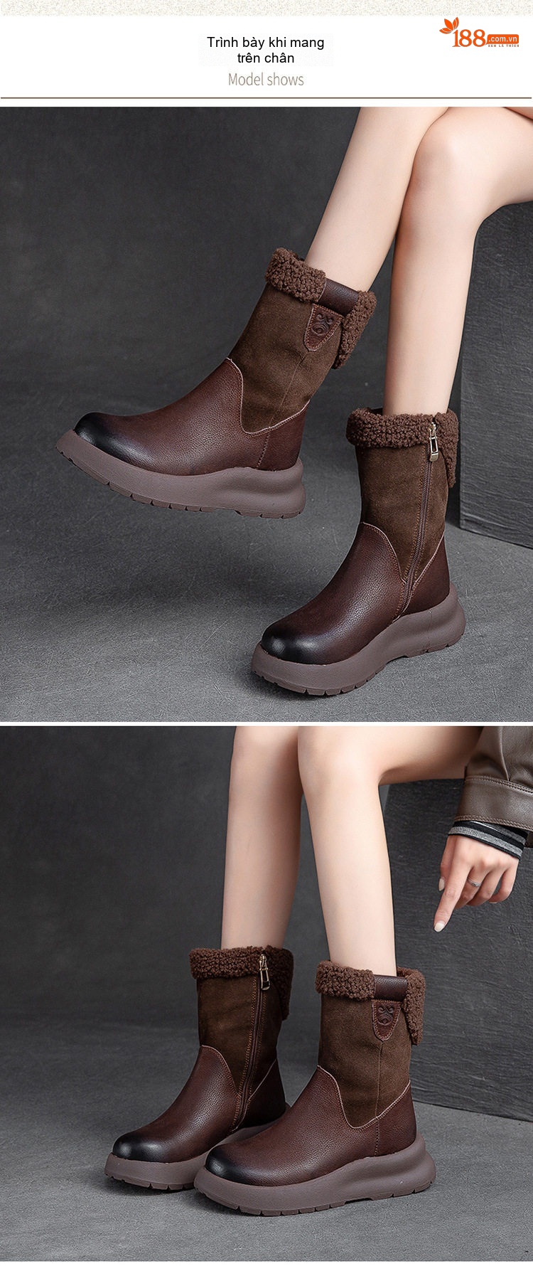 Boot Nữ Cổ Lửng Lót Lông Giữ Ấm Chiều Cao Đế Khoảng 4cm Màu Nâu, Đen, Kem chi tiết 7