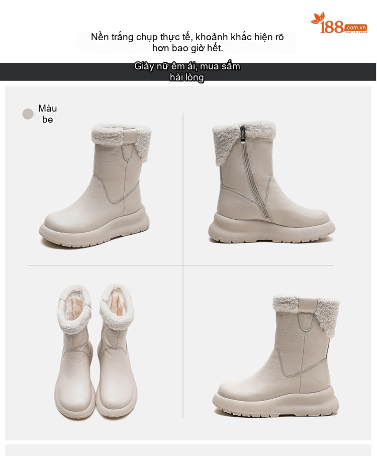 Boot Nữ Cổ Lửng Lót Lông Giữ Ấm Chiều Cao Đế Khoảng 4cm Màu Nâu, Đen, Kem chi tiết 14