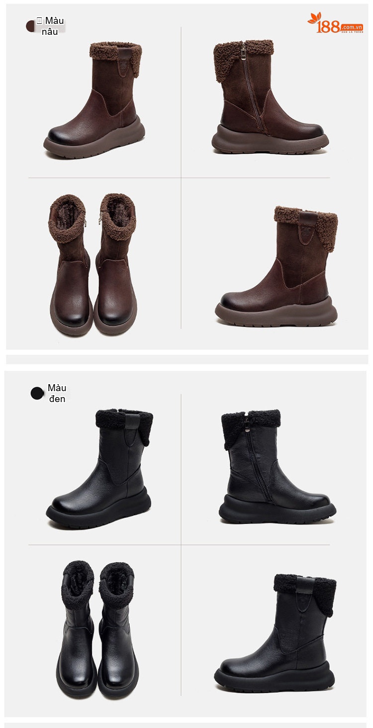 Boot Nữ Cổ Lửng Lót Lông Giữ Ấm Chiều Cao Đế Khoảng 4cm Màu Nâu, Đen, Kem chi tiết 15