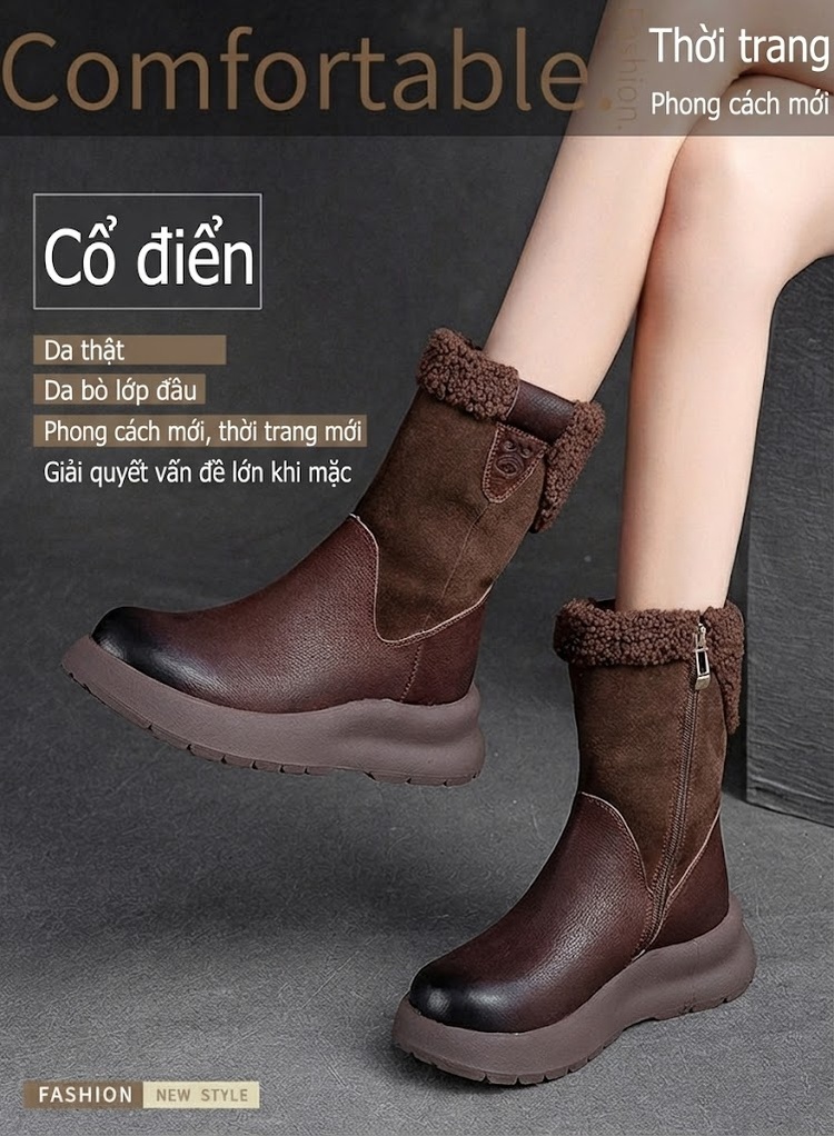 Boot Nữ Cổ Lửng Lót Lông Giữ Ấm Chiều Cao Đế Khoảng 4cm Màu Nâu, Đen, Kem chi tiết 1