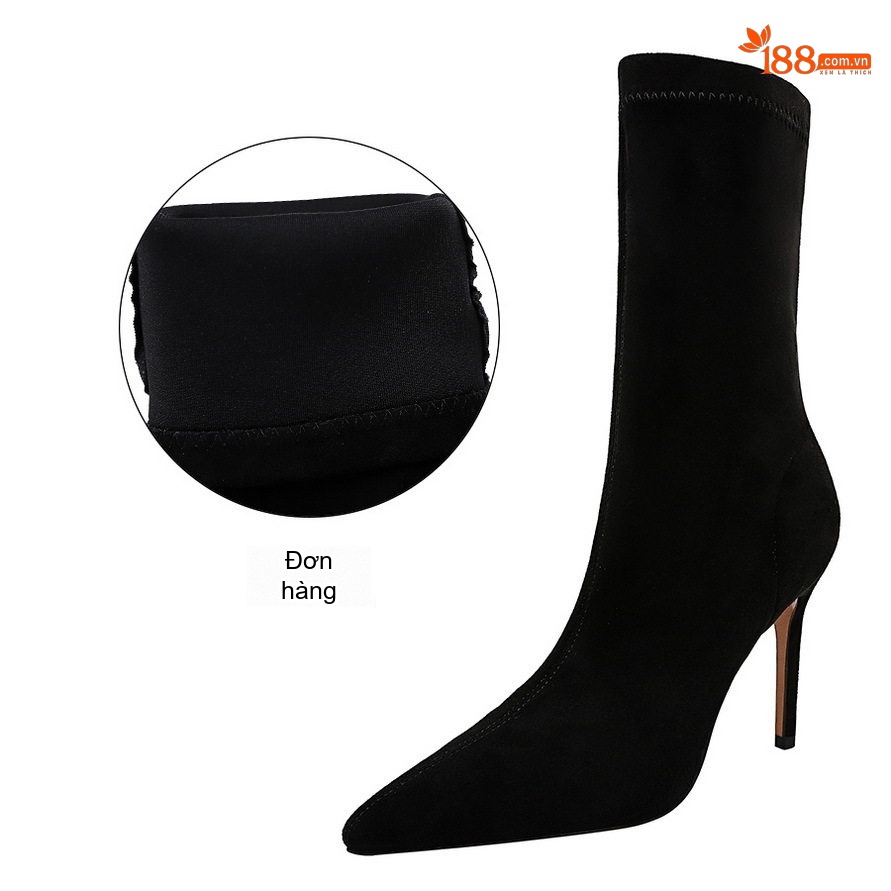 Boot Nữ Cổ Lửng Nỉ Gót Nhọn Chiều Cao Đế Khoảng 7cm Màu Đen
