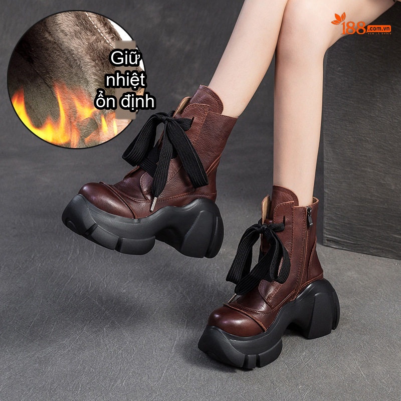 Boot Nữ Cổ Ngắn Da Bò Lót Lông Giữ Ấm Chiều Cao Đế Khoảng 6cm Màu Đen, Nâu