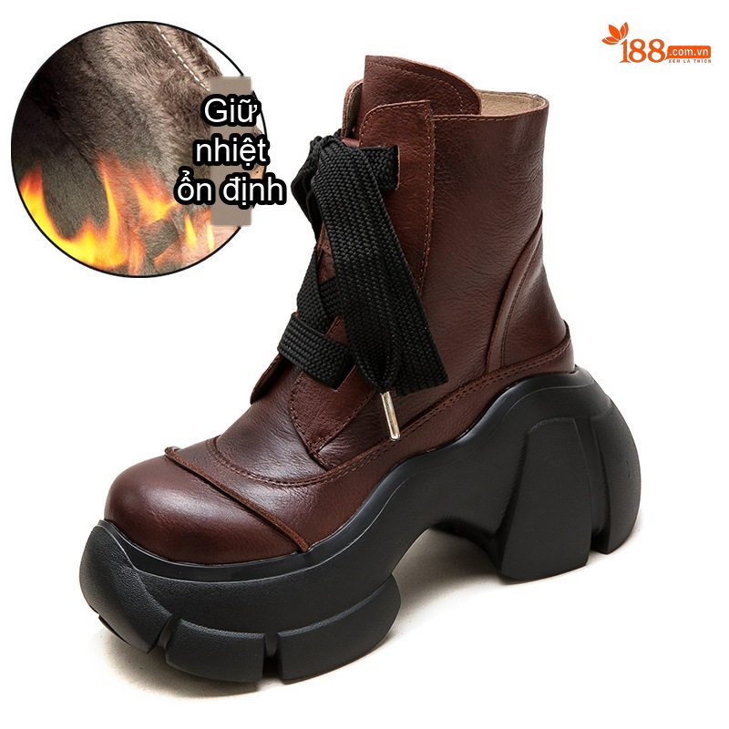 Boot Nữ Cổ Ngắn Da Bò Lót Lông Giữ Ấm Chiều Cao Đế Khoảng 6cm Màu Đen, Nâu