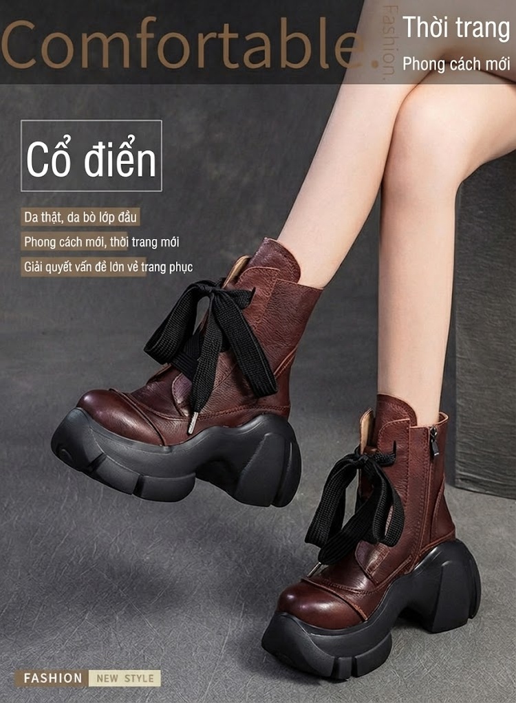 Boot Nữ Cổ Ngắn Da Bò Lót Lông Giữ Ấm Chiều Cao Đế Khoảng 6cm Màu Đen, Nâu chi tiết 1