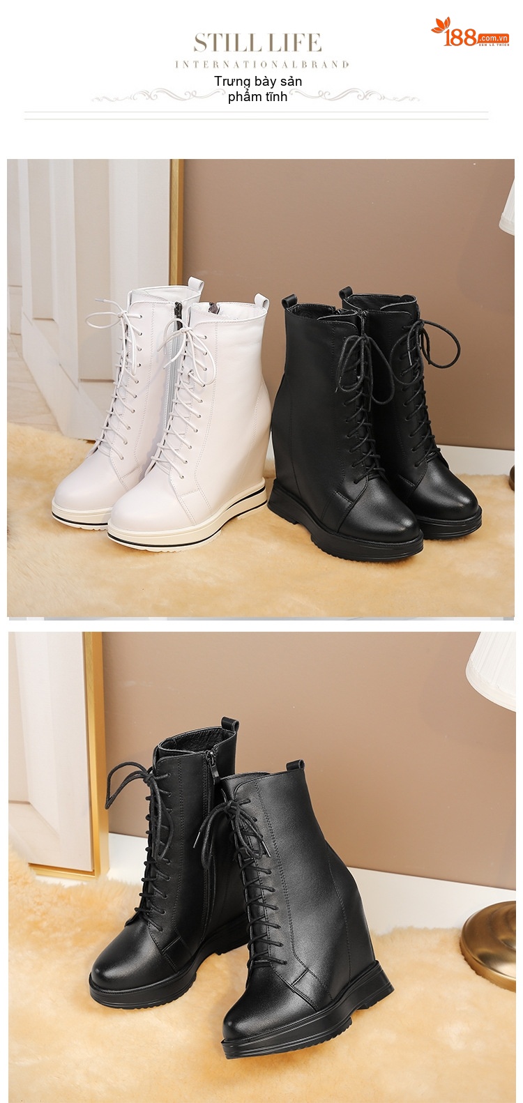 Boot Nữ Cổ Ngắn Da Bóng Buộc Dây Đế Xuồng Chiều Cao Đế Khoảng 6cm Màu Đen, Trắng chi tiết 5
