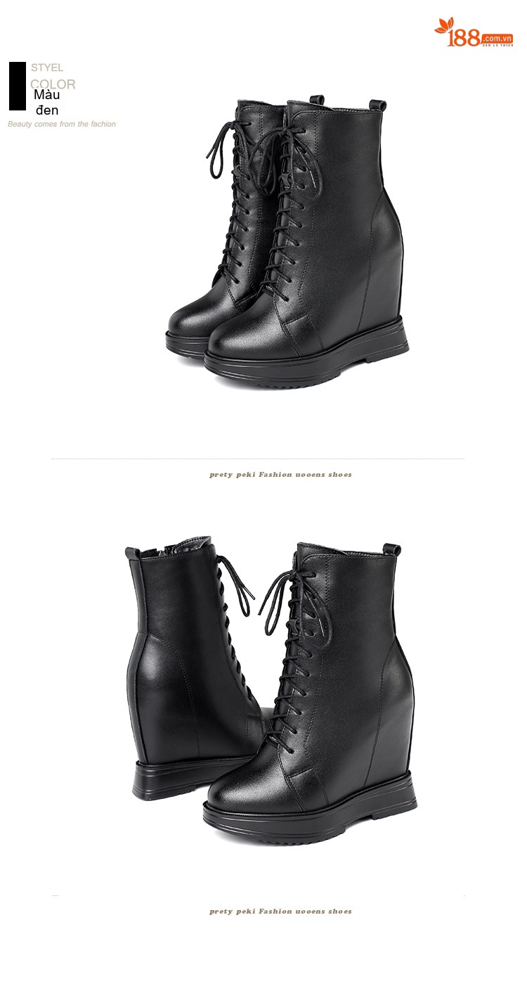 Boot Nữ Cổ Ngắn Da Bóng Buộc Dây Đế Xuồng Chiều Cao Đế Khoảng 6cm Màu Đen, Trắng chi tiết 7