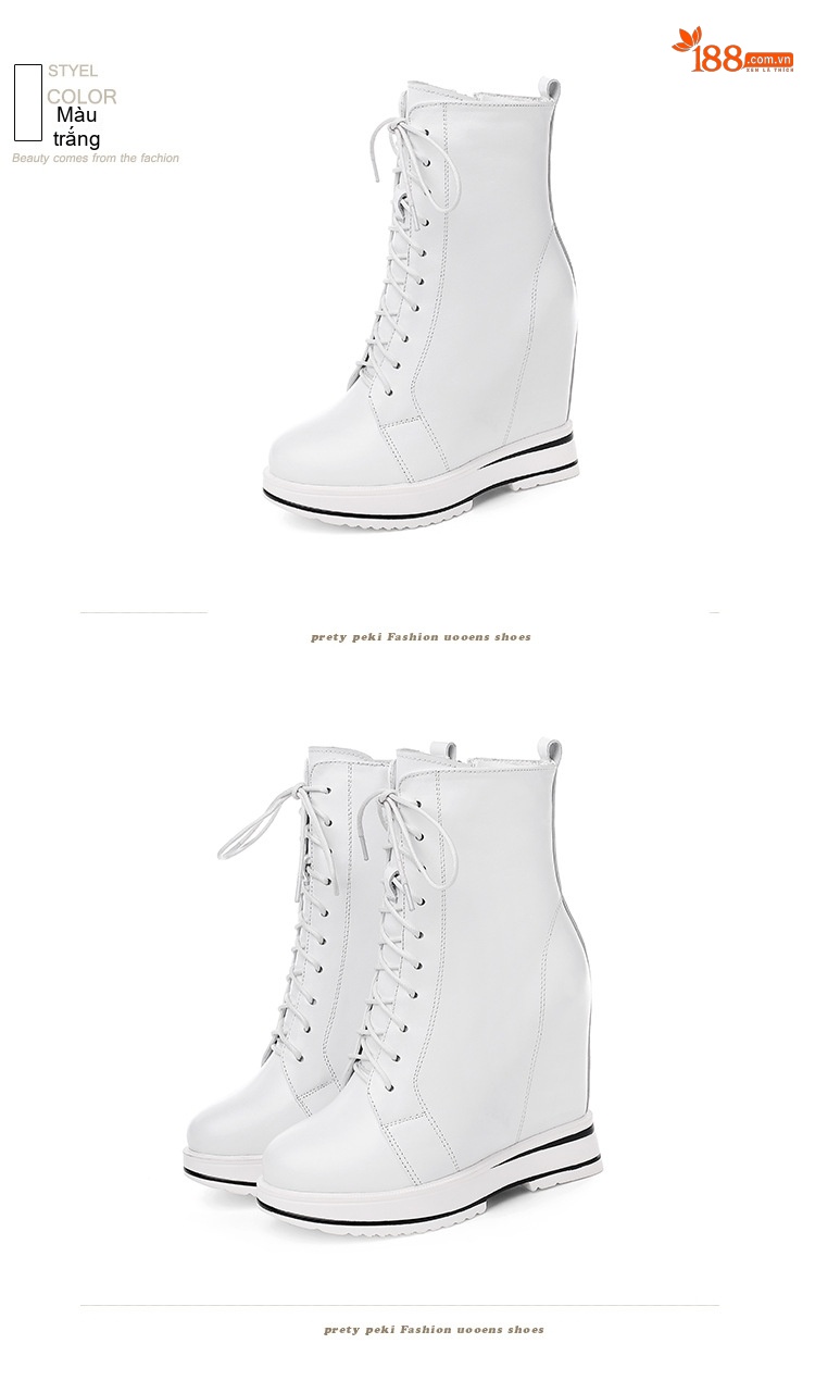 Boot Nữ Cổ Ngắn Da Bóng Buộc Dây Đế Xuồng Chiều Cao Đế Khoảng 6cm Màu Đen, Trắng chi tiết 8