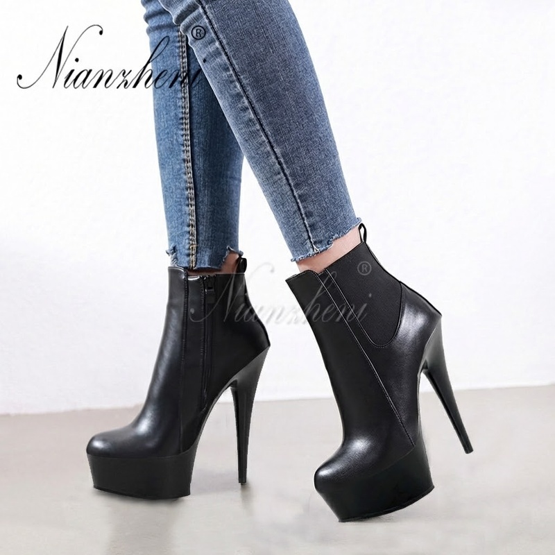 Boot Nữ Cổ Ngắn Da Bóng Đế Siêu Cao 15cm Phong Cách Gợi Cảm Màu Đen chi tiết 4