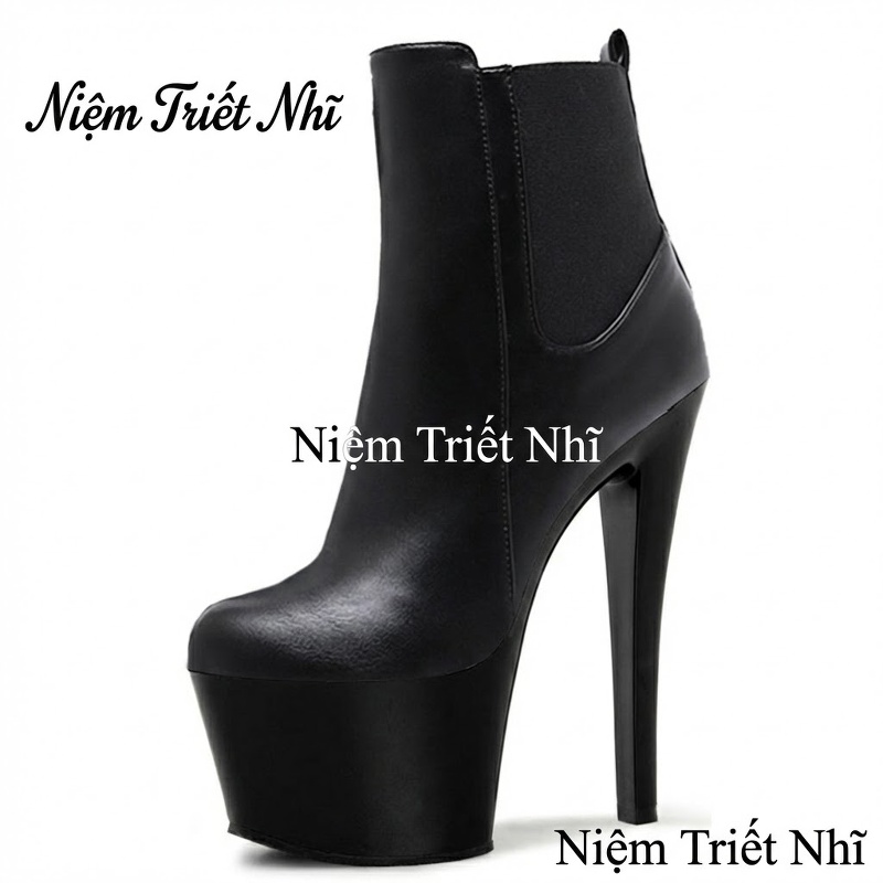 Boot Nữ Cổ Ngắn Da Bóng Đế Siêu Cao 15cm Phong Cách Gợi Cảm Màu Đen