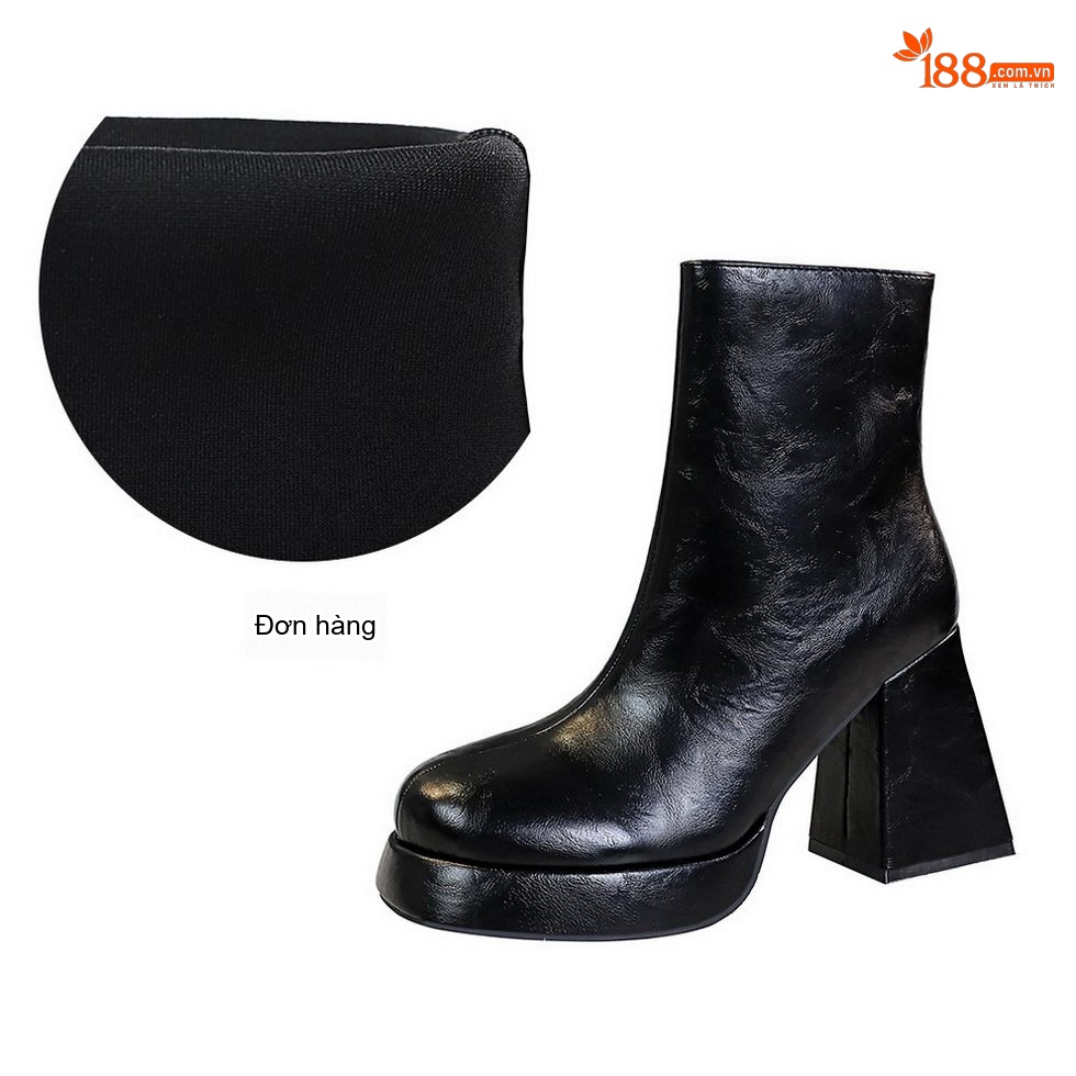 Boot Nữ Cổ Ngắn Da Bóng Gót Vuông Chiều Cao Đế Khoảng 7cm Màu Đen, Nâu