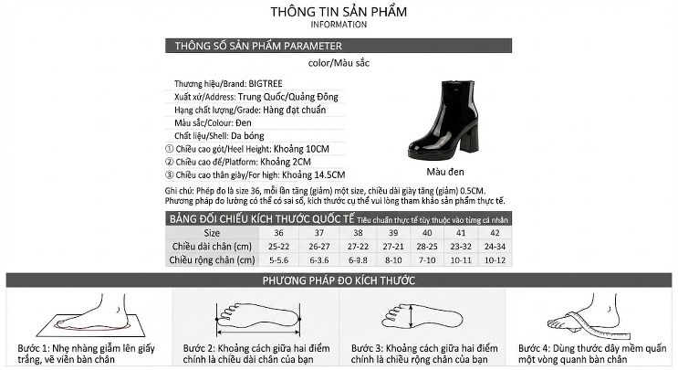 Boot Nữ Cổ Ngắn Da Bóng Gót Vuông Siêu Cao Chiều Cao Đế Khoảng 8cm Màu Đen chi tiết 1