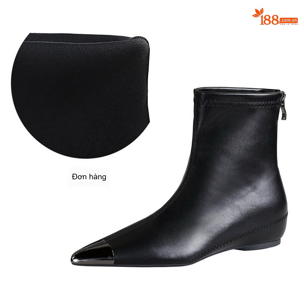 Boot Nữ Cổ Ngắn Da Bóng Gót Xuồng Chiều Cao Đế Khoảng 3cm Mũi Nhọn Kim Loại Màu Đen