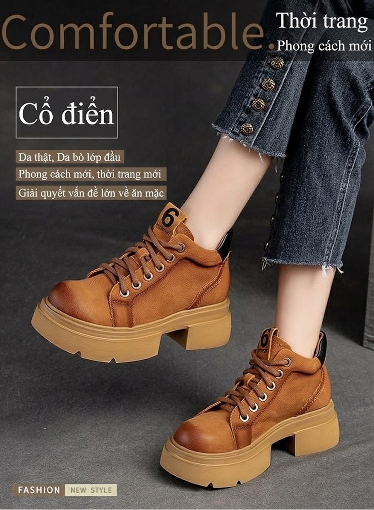 Boot Nữ Cổ Ngắn Da Mờ Buộc Dây Chiều Cao Đế Khoảng 5cm Màu Nâu, Vàng chi tiết 2