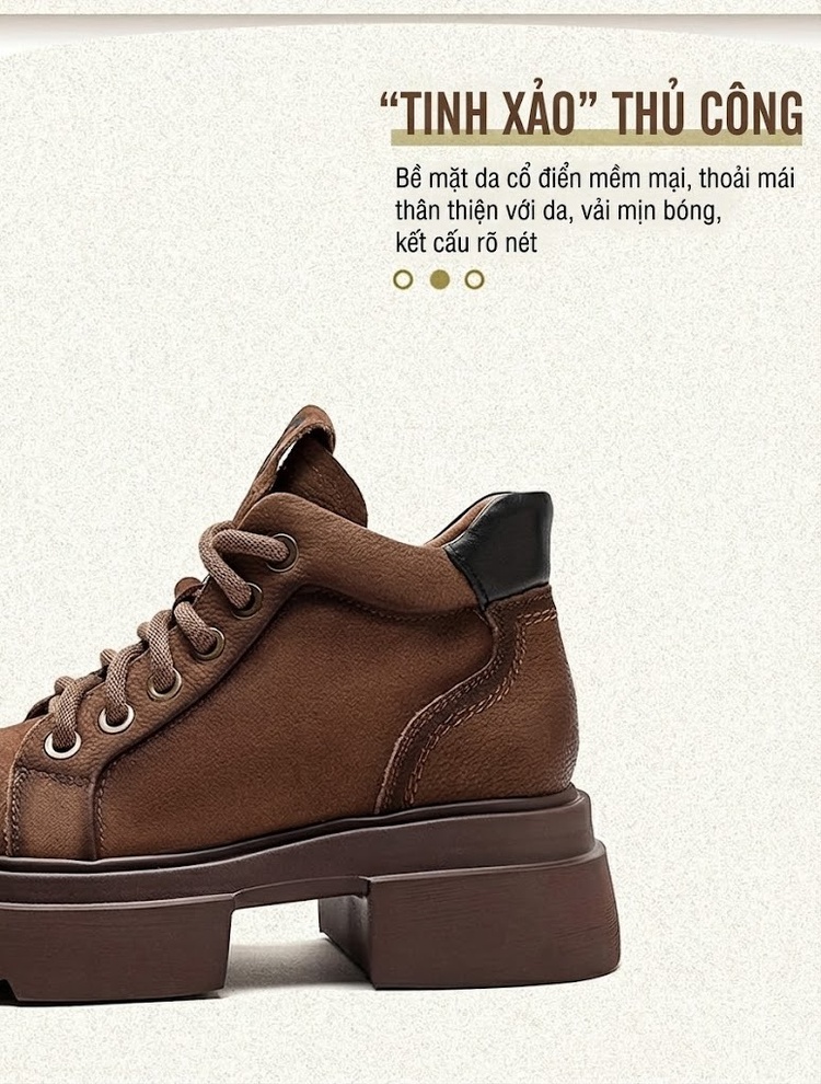 Boot Nữ Cổ Ngắn Da Mờ Buộc Dây Chiều Cao Đế Khoảng 5cm Màu Nâu, Vàng chi tiết 3
