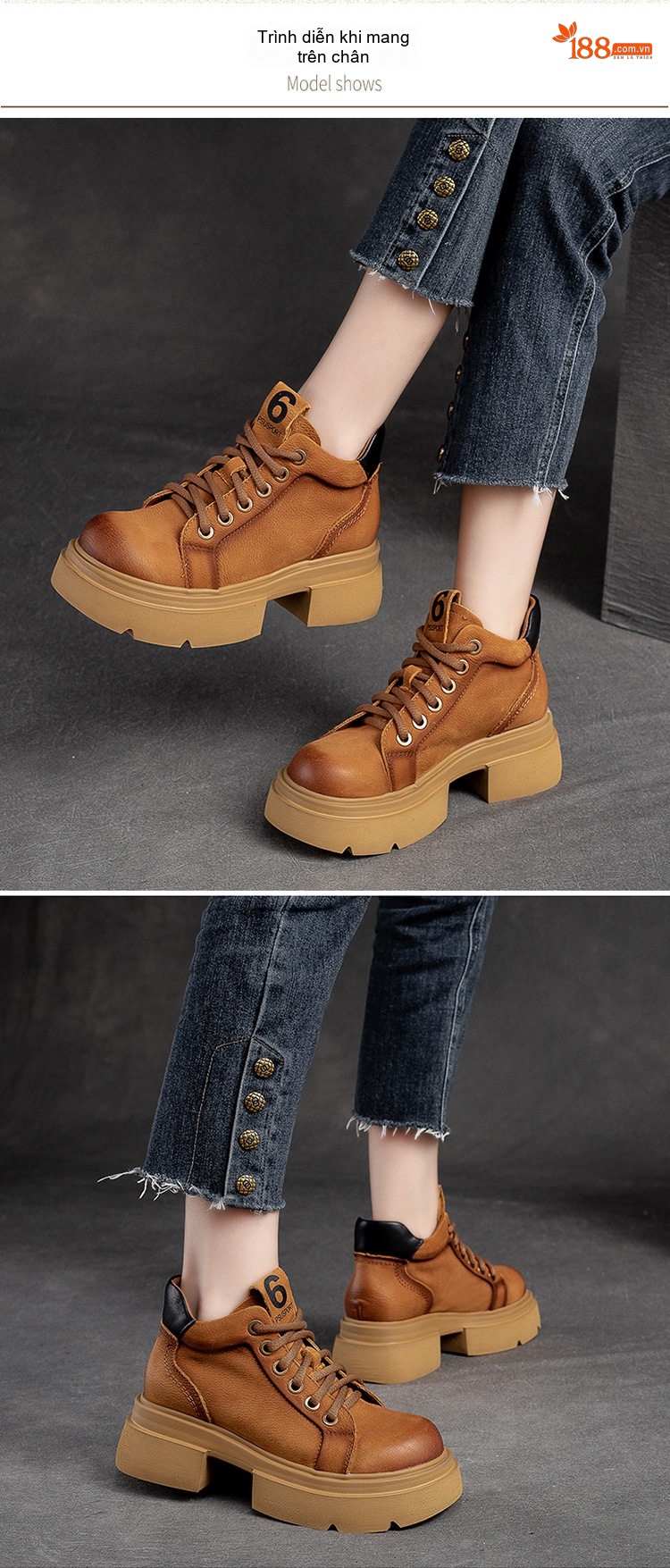 Boot Nữ Cổ Ngắn Da Mờ Buộc Dây Chiều Cao Đế Khoảng 5cm Màu Nâu, Vàng chi tiết 7