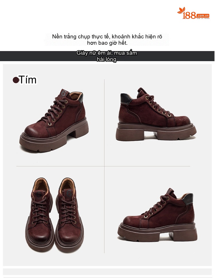 Boot Nữ Cổ Ngắn Da Mờ Buộc Dây Chiều Cao Đế Khoảng 5cm Màu Nâu, Vàng chi tiết 14