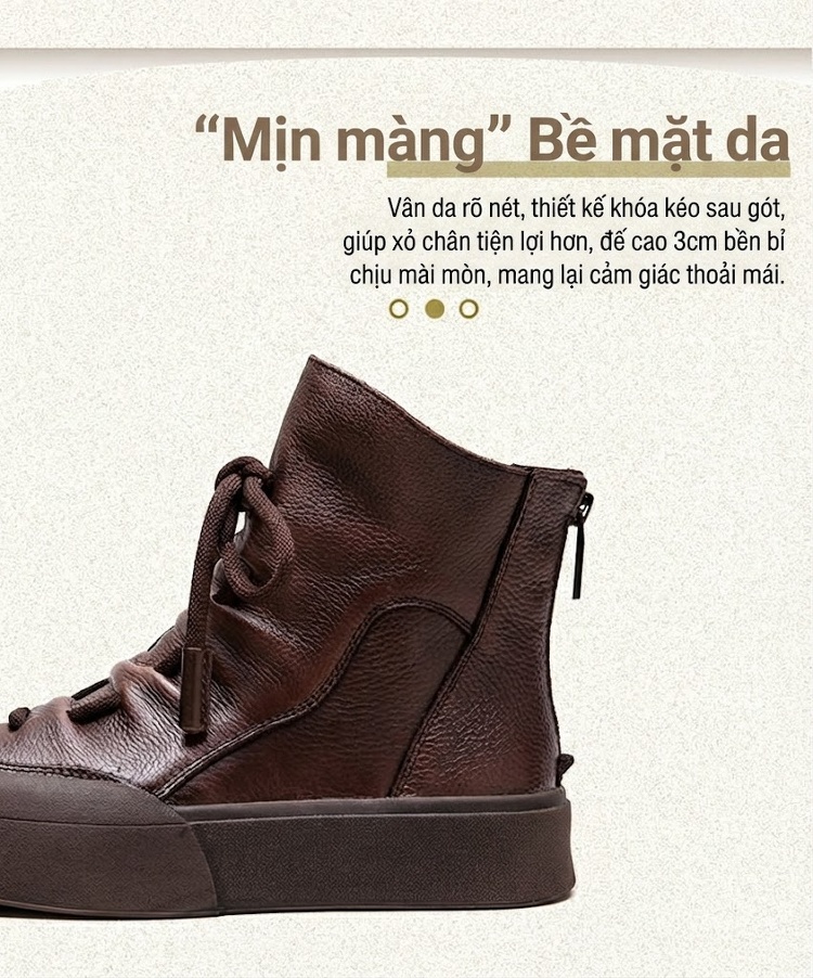 Boot Nữ Cổ Ngắn Da Mờ Buộc Dây Đế Dày Chiều Cao Đế Khoảng 3cm Màu Đen, Nâu chi tiết 2