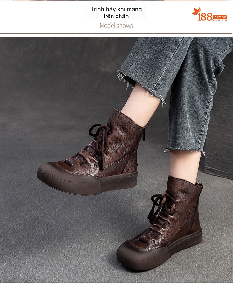 Boot Nữ Cổ Ngắn Da Mờ Buộc Dây Đế Dày Chiều Cao Đế Khoảng 3cm Màu Đen, Nâu chi tiết 6