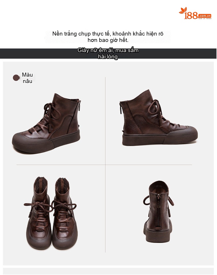 Boot Nữ Cổ Ngắn Da Mờ Buộc Dây Đế Dày Chiều Cao Đế Khoảng 3cm Màu Đen, Nâu chi tiết 15