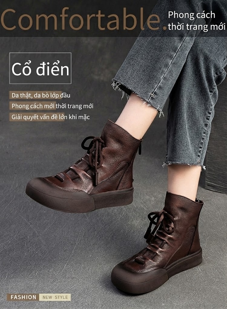 Boot Nữ Cổ Ngắn Da Mờ Buộc Dây Đế Dày Chiều Cao Đế Khoảng 3cm Màu Đen, Nâu chi tiết 1
