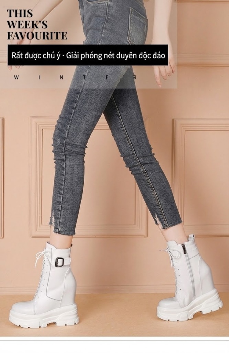 Boot Nữ Cổ Ngắn Dây Buộc Da Bóng Chiều Cao Đế Khoảng 14cm Khóa Thắt Lưng Màu Đen, Trắng chi tiết 1