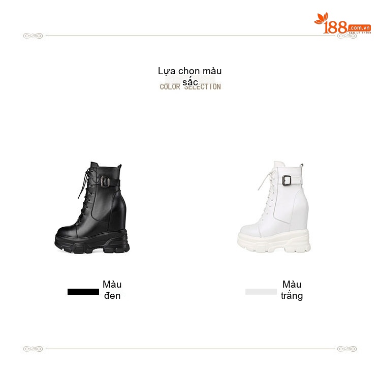Boot Nữ Cổ Ngắn Dây Buộc Da Bóng Chiều Cao Đế Khoảng 14cm Khóa Thắt Lưng Màu Đen, Trắng chi tiết 2
