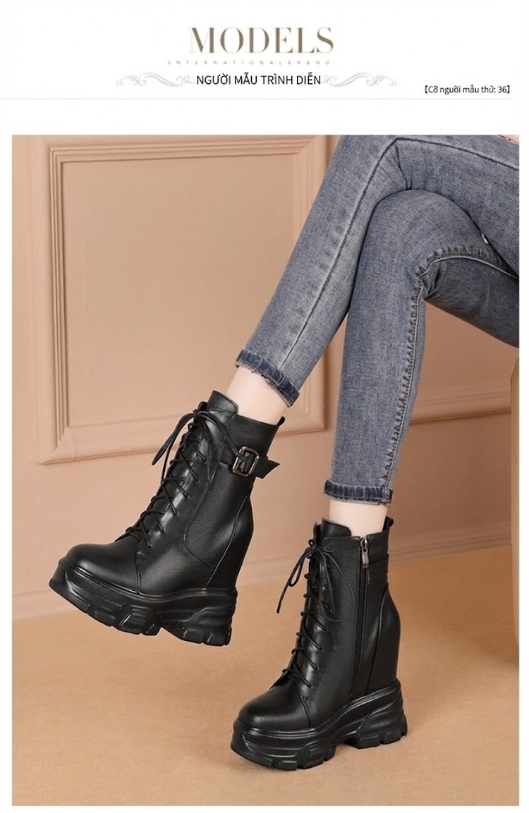 Boot Nữ Cổ Ngắn Dây Buộc Da Bóng Chiều Cao Đế Khoảng 14cm Khóa Thắt Lưng Màu Đen, Trắng chi tiết 3