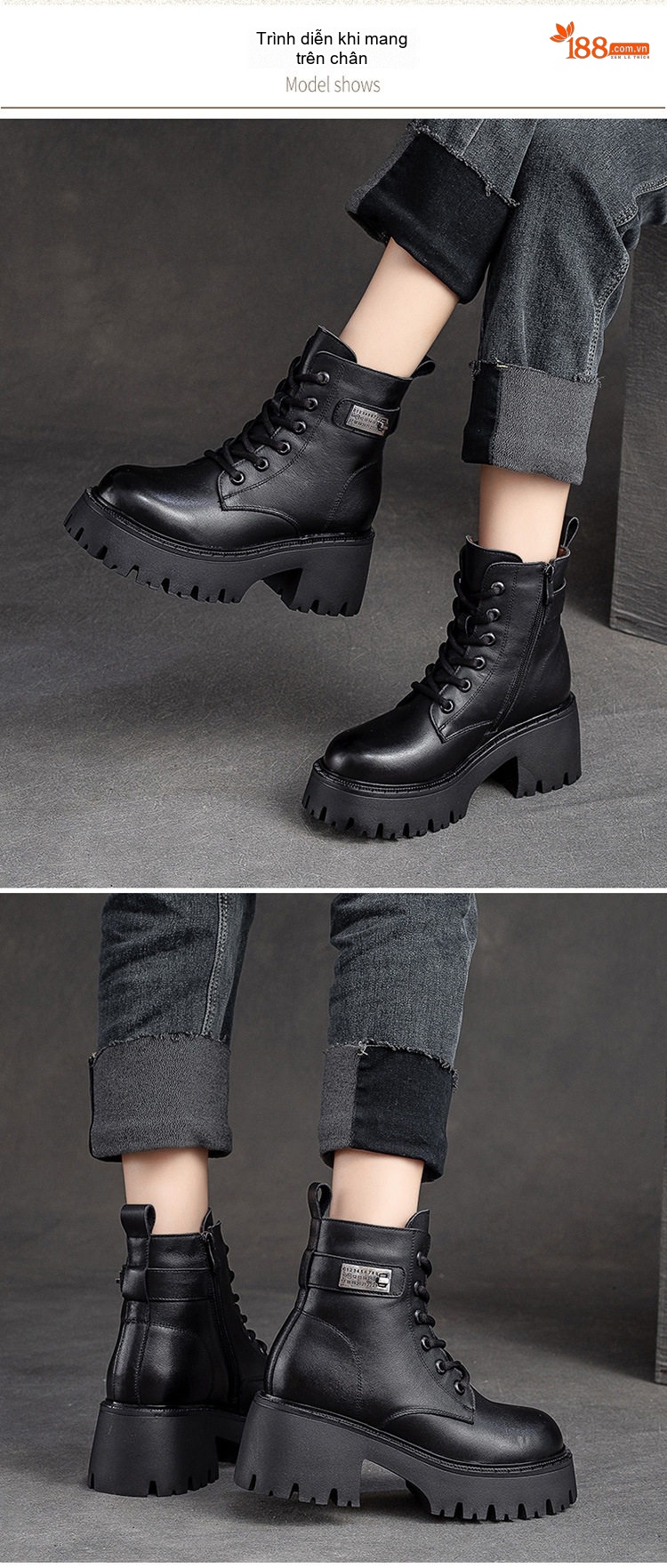 Boot Nữ Cổ Ngắn Dây Buộc Đế Dày Chiều Cao Đế Khoảng 5cm Lót Lông Giữ Ấm Màu Đen, Nâu chi tiết 7