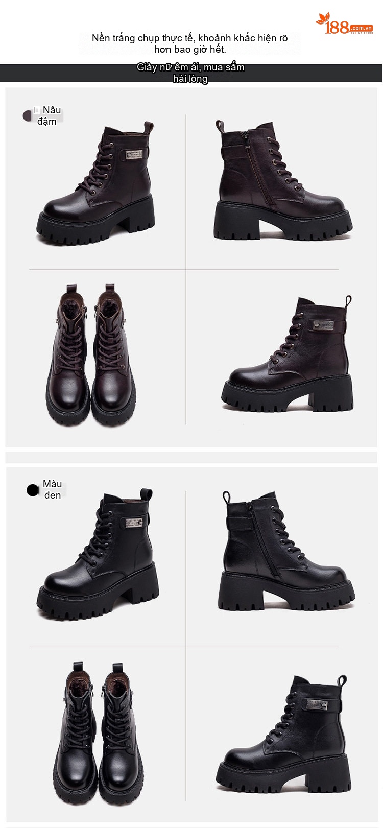 Boot Nữ Cổ Ngắn Dây Buộc Đế Dày Chiều Cao Đế Khoảng 5cm Lót Lông Giữ Ấm Màu Đen, Nâu chi tiết 12