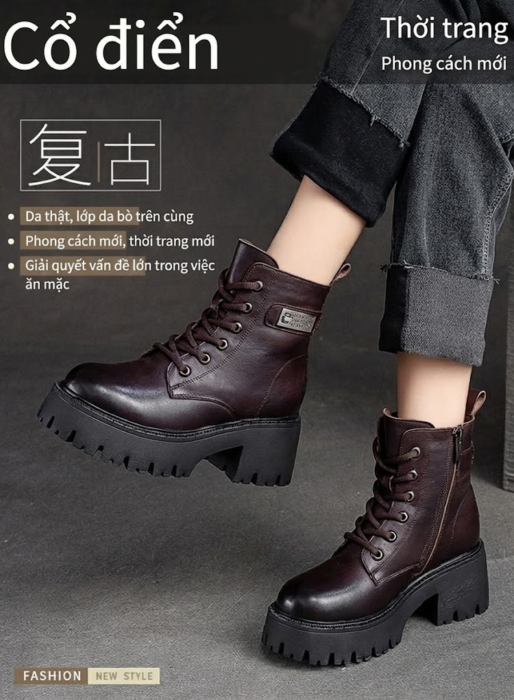Boot Nữ Cổ Ngắn Dây Buộc Đế Dày Chiều Cao Đế Khoảng 5cm Lót Lông Giữ Ấm Màu Đen, Nâu chi tiết 2