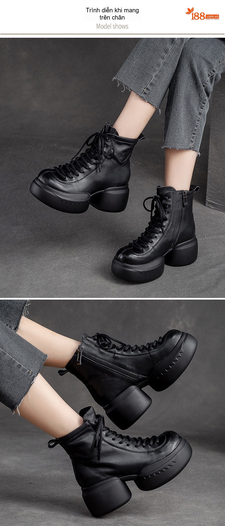 Boot Nữ Cổ Ngắn Đế Bánh Mì Dây Buộc Chiều Cao Đế Khoảng 8cm Màu Đen, Nâu chi tiết 8