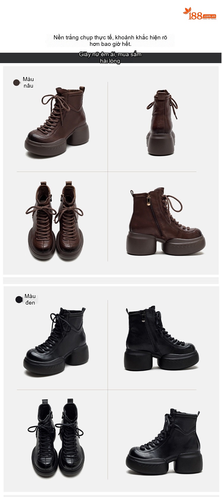 Boot Nữ Cổ Ngắn Đế Bánh Mì Dây Buộc Chiều Cao Đế Khoảng 8cm Màu Đen, Nâu chi tiết 15