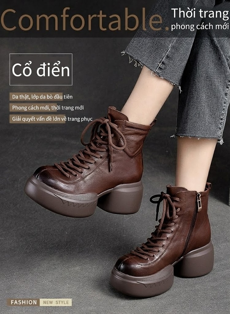 Boot Nữ Cổ Ngắn Đế Bánh Mì Dây Buộc Chiều Cao Đế Khoảng 8cm Màu Đen, Nâu chi tiết 2