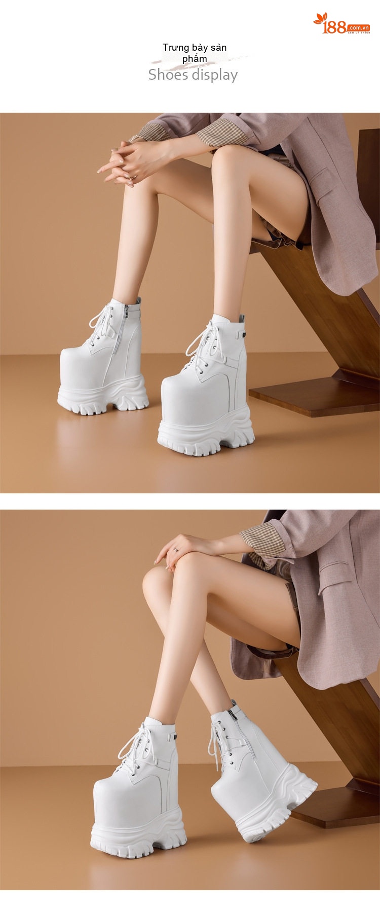 Boot Nữ Cổ Ngắn Đế Bánh Mì Dây Buộc Tăng Chiều Cao 20cm Phong Cách Martin Màu Trắng, Đen chi tiết 1