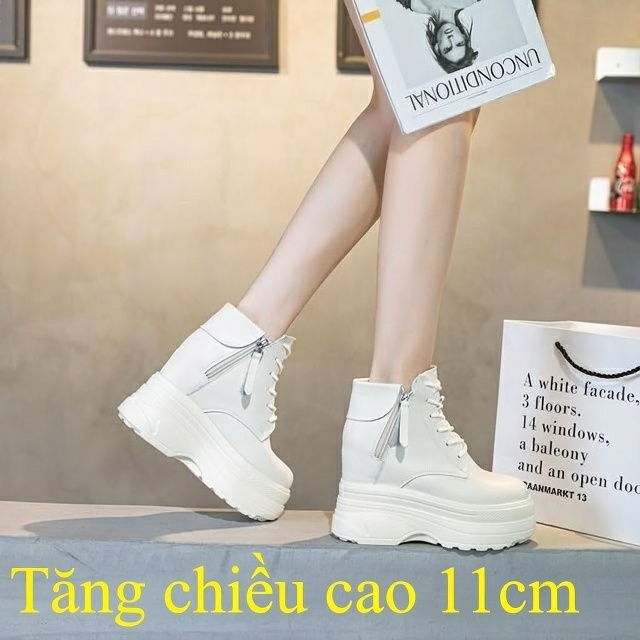 Boot Nữ Cổ Ngắn Đế Cao 11cm Dây Buộc Bên Hông Khóa Kéo Màu Đen, Kem
