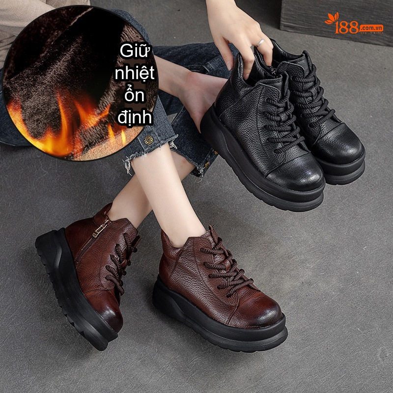 Boot Nữ Cổ Ngắn Đế Dày Chiều Cao Đế Khoảng 5cm Khóa Kéo Bên Hông Lót Lông Giữ Ấm Màu Đen, Nâu