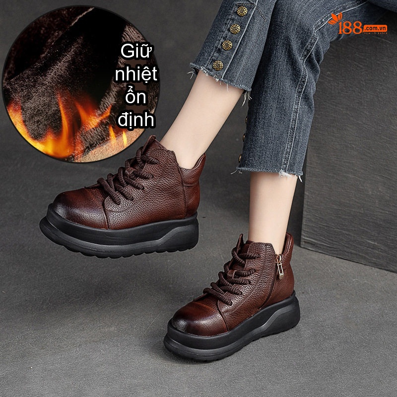 Boot Nữ Cổ Ngắn Đế Dày Chiều Cao Đế Khoảng 5cm Khóa Kéo Bên Hông Lót Lông Giữ Ấm Màu Đen, Nâu