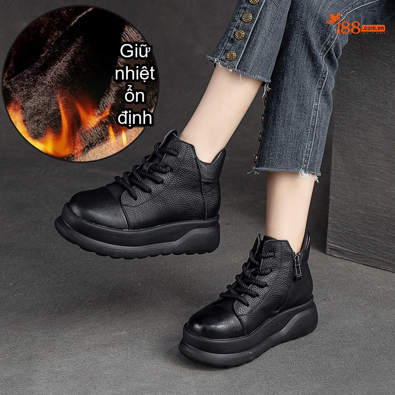 Boot Nữ Cổ Ngắn Đế Dày Chiều Cao Đế Khoảng 5cm Khóa Kéo Bên Hông Lót Lông Giữ Ấm Màu Đen, Nâu